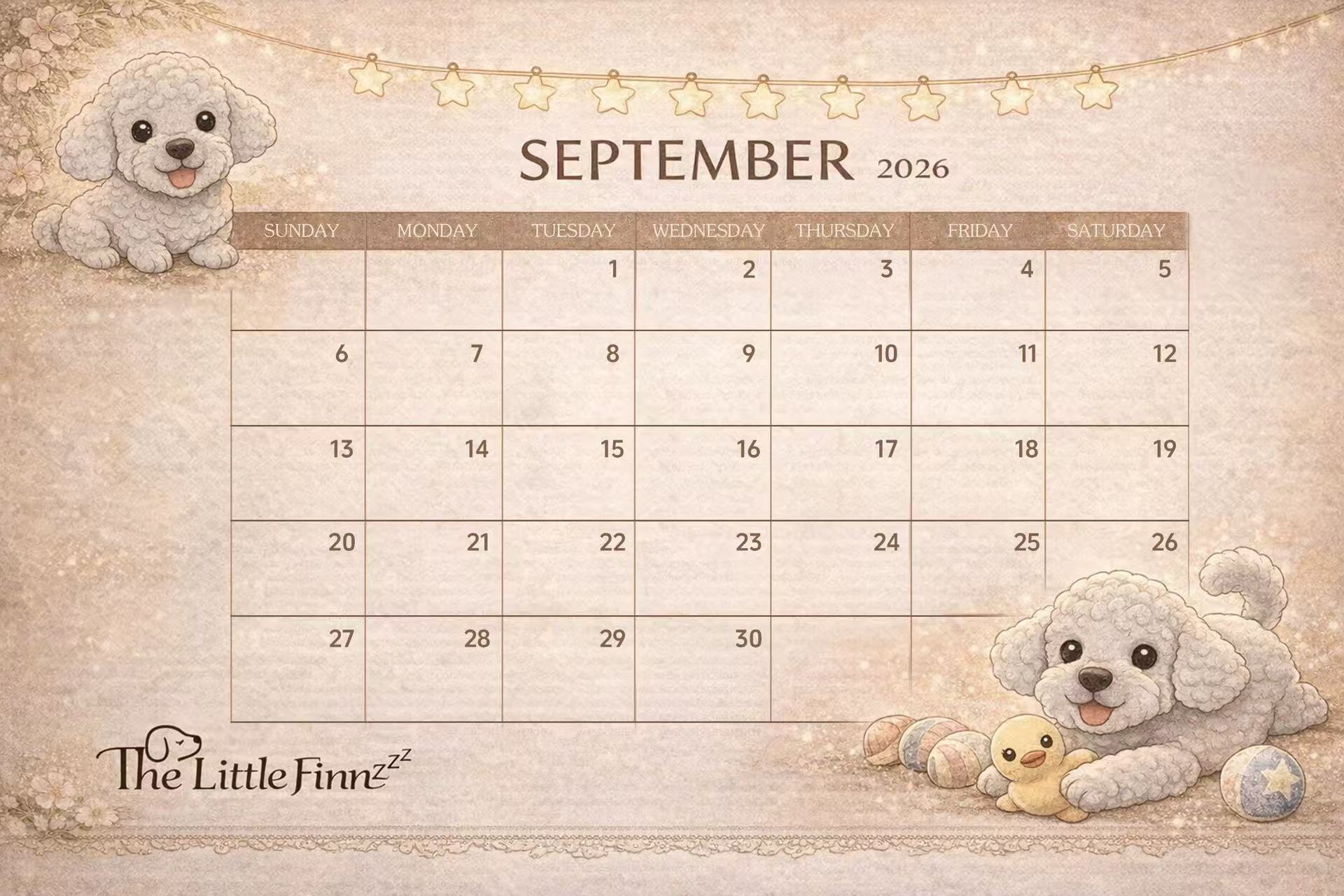 September 2026 “Finn at Lovely Home” Self-Care & Cozy Moments Calendar Card