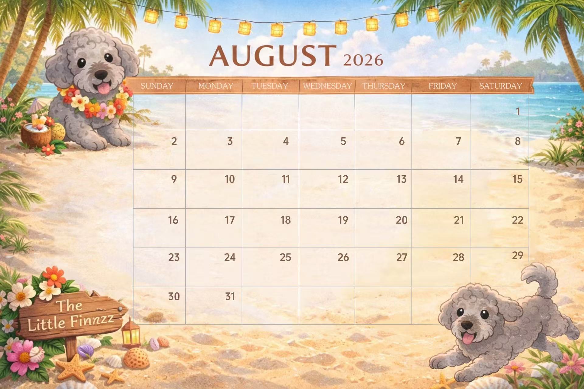 August 2026 Finn at the Summer Beach Calendar Card