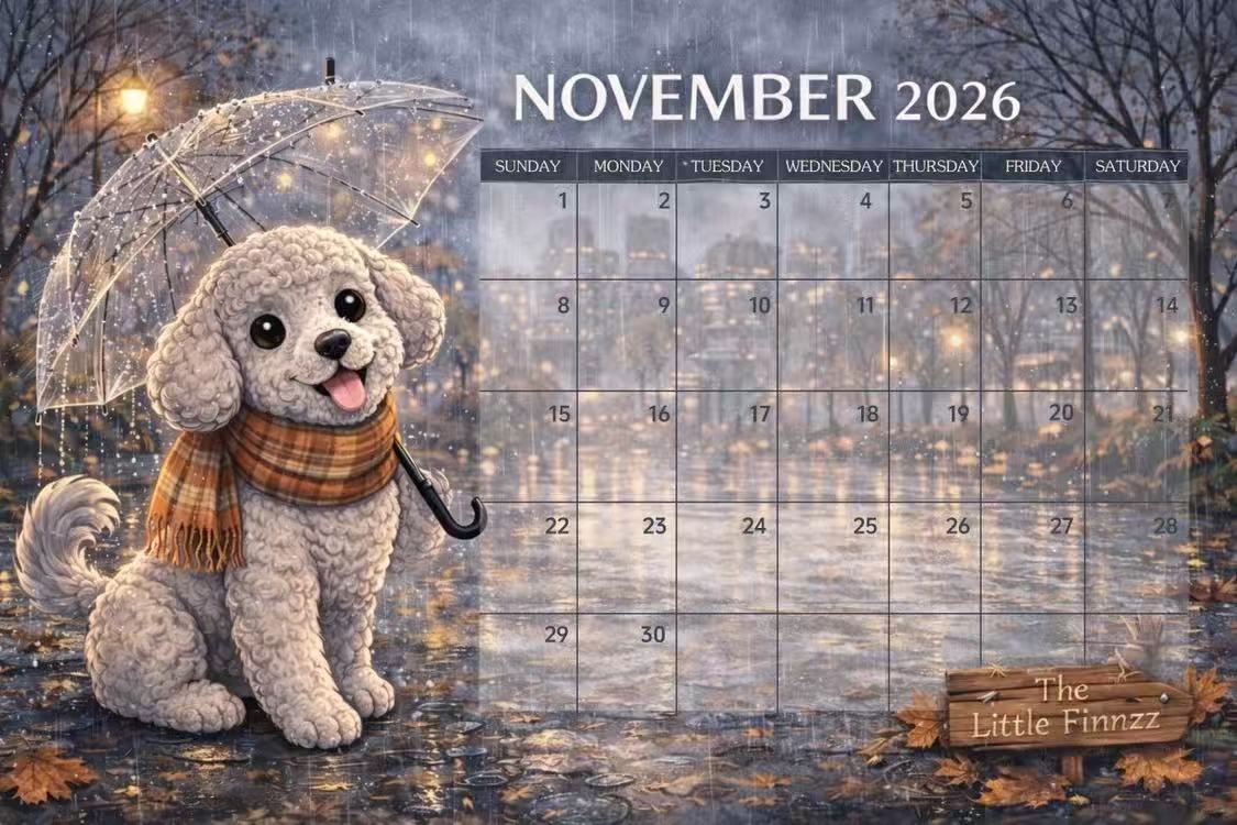 November 2026 Finn Reflecting on His Recent Birthday During the Rainy Season Calendar Card